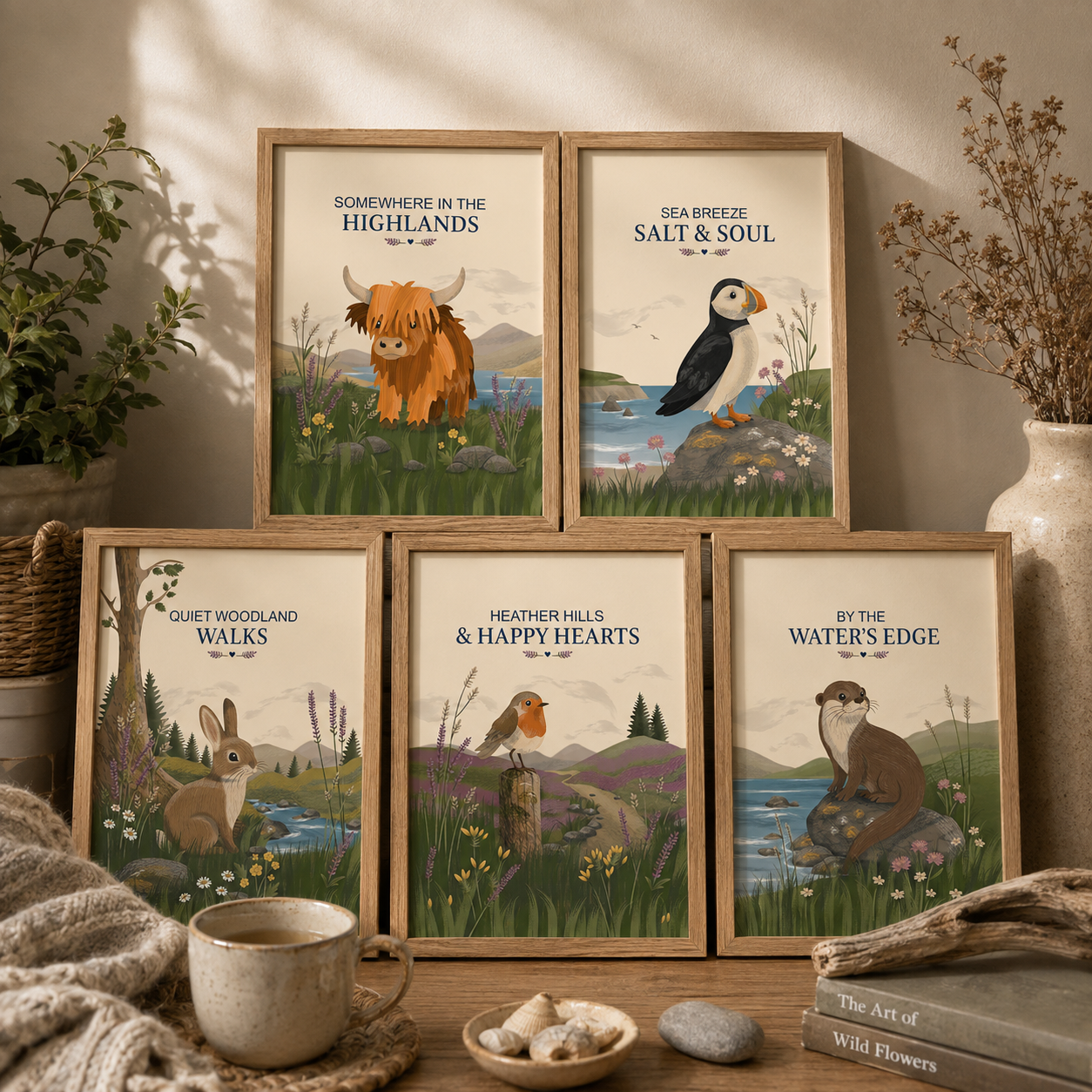 Five framed coastal and countryside art prints arranged on a tabletop with a mug, books, stones, and dried flowers in a styled interior setting. The prints feature illustrated Highland scenes and animals: a cow, puffin, rabbit, bird, and otter, with phrases including 'Somewhere in the Highlands,' 'Sea Breeze Salt & Soul,' 'Quiet Woodland Walks,' 'Heather Hills & Happy Hearts,' and 'By the Water's Edge.